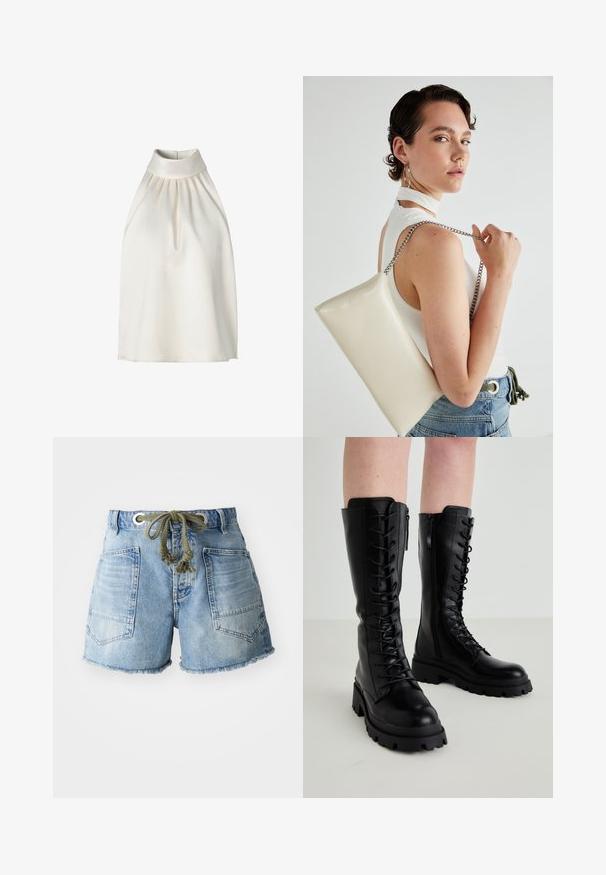 Bežinis halter tipo be rankovių marškinėlis, pagamintas iš glotnaus audinio, su klostėmis priekyje, aukšta apykakle ir tiesia apatine kraštine.; Šviesiai mėlynos džinsinės šortai su suplyšusiais kraštais. Turi dvi užpakalines kišenes ir virvutę su sidabriniais skylutėmis, kad būtų galima reguliuoti dydį.; Juodos odinės iki kelių aukštos bootai su raišteliais priekyje, šonine užtrauktuku, storu guminiu padu ir tekstūruotu akcentu viršuje.; Balta, stačiakampio formos rankinė pagaminta iš blizgaus medžiagos, su sidabriniu virvute. Modelis pozavo, demonstruodamas rankinę prieš paprastą foną.