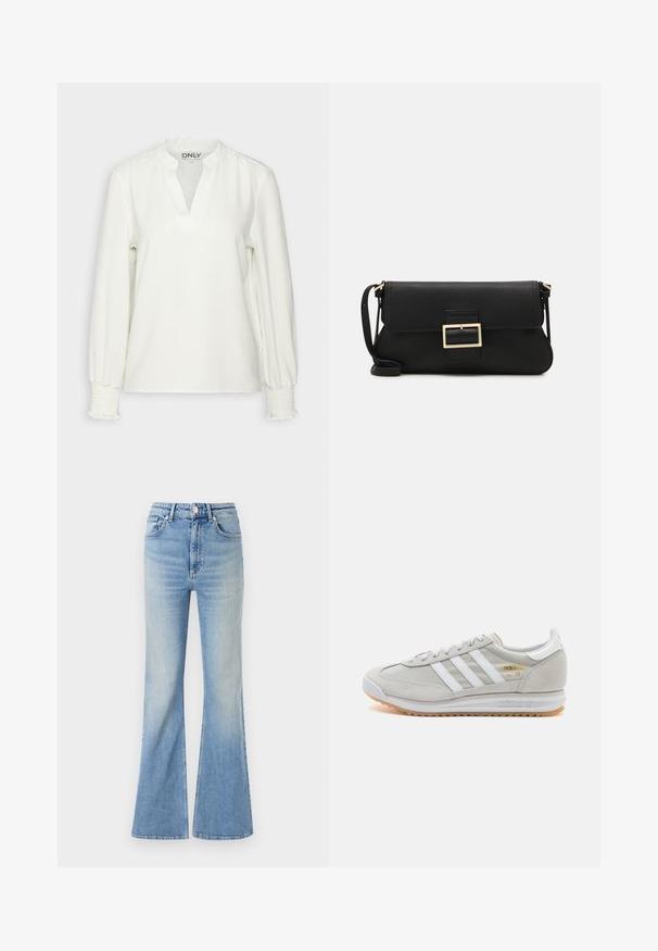 Weißes Langarmshirt mit V-Ausschnitt und gerafften Manschetten. Hergestellt aus weichem Stoff, mit lockerer Passform und subtiler Textur. Markenschild sichtbar.; Helle blaue Schlagjeans aus Denim mit hoher Taille, fünf Taschen und subtilem Farbverlauf bis zum Saum.; Hellgraue Sneaker aus Wildleder und Mesh, mit drei weißen Streifen, runder Zehenpartie und einer Sohle aus Gummi. Goldenes Logo-Detail nahe der Schnürsenkel.; Schwarze Leder-Clutch mit Klappe und goldfarbenem Metallschnallen-Detail. Enthält einen schwarzen Riemen und ein schlankes, minimalistisches Design.; Silberne Creolen mit gedrehter Gestaltung, ausgestattet mit einer polierten Oberfläche und einer Steckverschluss. Sie haben einen Durchmesser von ca. 3 cm.
