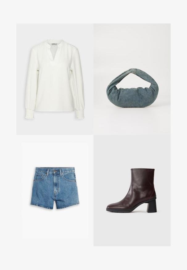 Balta garām piedurknēm tops ar V-veida kakla izgriezumu un smocked aprocēm. Izgatavots no mīksta auduma, ar brīvu piegriezumu un smalku tekstūru. Redzama zīmola etiķete.; Gaiši zili džinsu šorti, kas aprīkoti ar piecām kabatām, rāvējslēdzēja aizdari un pogu aizdari. Apakšmala ir saplēsta, un izskats ir brīvs.; Tumši brūni ādas potītes zābaki ar blokveida papēdi un apaļu purngali, izvietoti uz vienkārša gaiši pelēka fona.; Zila denim soma ar mīkstu, apaļu formu un izliekto rokturi. Tekstūra ir maiga, un tajā ir redzamas šuves un gluda virsma.