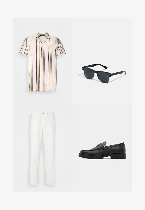 Korte mouwen overhemd met een knoopsluiting in het wit met verticale strepen in rood, geel en marineblauw. Beschikt over een notched kraag en lichtgewicht stof.; Witte stoffen broeken met een rechte snit, voorzien van twee zijzakken en een knoopsluiting. Gladde textuur en een strak ontwerp.; Zwarte leren instappers met een ronde neus, voorzien van een gestikt ontwerp, een lage platformzool en een gestructureerde, grof rubberen buitenzool.; Zwarte zonnebril met een rechthoekige vorm, donkere lenzen, zilveren accenten bij de slapen en een matte afwerking op het montuur.