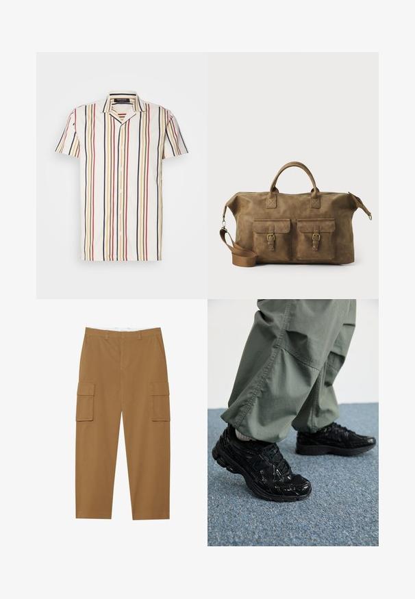 Camicia a maniche corte con bottoni di colore bianco, con righe verticali in rosso, giallo e blu navy. Presenta un colletto a punta e un tessuto leggero.; Pantaloni cargo marroni con due tasche laterali, fronte piatto e taglio dritto. Realizzati in un tessuto durevole con una texture liscia.; Sneaker atletici neri con texture lucida e in rete, dotati di una suola spessa e lacci, abbinati a pantaloni cargo larghi verde oliva.; Borsa da viaggio in pelle marrone con due tasche frontali, tracolla regolabile, hardware dorato e manici superiori robusti. Texture liscia.