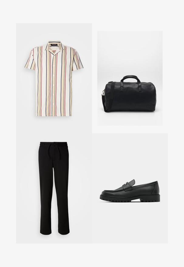 Košeľa s krátkym rukávom na gombíky v bielej farbe s vertikálnymi pruhmi v červenej, žltej a námorníckej modrej. Má výstrih s notches a ľahký materiál.; Čierne teplákové nohavice s šnúrkou v páse, vyrobené z mäkkého, elastického materiálu. Majú uvoľnený strih so rovnými nohavicami a žiadne viditeľné vrecká.; Čierne kožené mokasíny s okrúhlou špičkou, s prešitým dizajnom, nízkou platformou a textúrovanou, zúbkovanou gumovou podrážkou.; Čierna športová taška vyrobená z textúrovaného syntetického materiálu. Má dve uši a nastaviteľný ramenný popruh. Jednoduchý dizajn bez viditeľných vzorov.