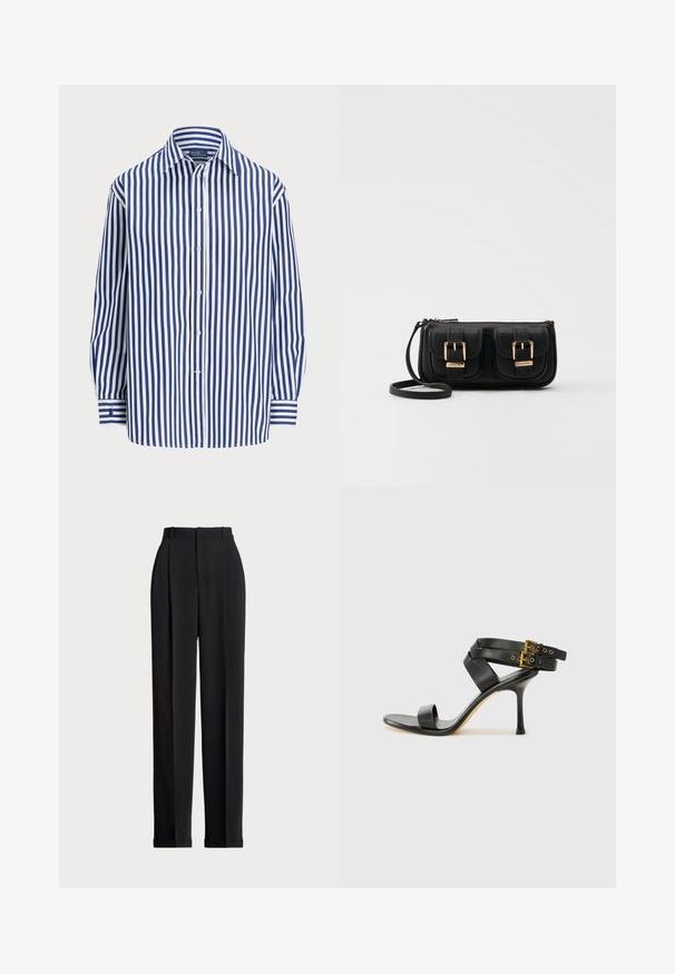 Stribet skjorte med lodrette navy og hvide striber, knaplukning foran og klassisk krave. Lange ærmer med knapmanchetter.; Sorte skrædderbukser med høj talje, der har folder fortil, en lige benlængde og ombukket kant. Lavet af glat stof.; Sort hæl-sandal med krydsede stropper og justerbar spænde. Har en glat overflade og spids stilettohæl.; Sort læder crossbody taske med to frontlommer, guldspænder, lynlåslukning og en slank rem. Struktureret overflade og kompakt rektangulær form.