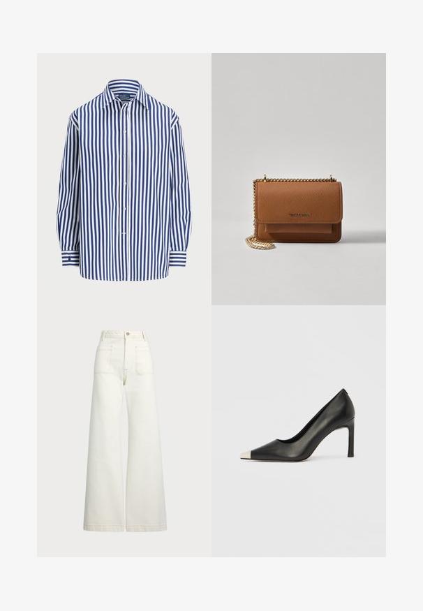 Prugasta košulja s vertikalnim mornarsko plavim i bijelim prugama, s prednjim kopčanjem na gumbe i klasičnom ovratnikom. Dugi rukavi s kopčama na gumbe.; Široke traperice u boji krem-paleža. Visoki struk s kopčanjem na dugme, dva prednja džepa i kontrastni šavovi.; Crna kožna cipela s visokim potpeticama, špicastim vrhom i metalnim srebrnim vrhom. Ima glatku završnu obradu i tanku petu visine 10 cm.; Smeđa kožna torba preko tijela s teksturom, zlatnim lančićem i preklopom na zatvaranju. Na prednjoj strani nalazi se detalj s potpisom i džep ispod preklopa.