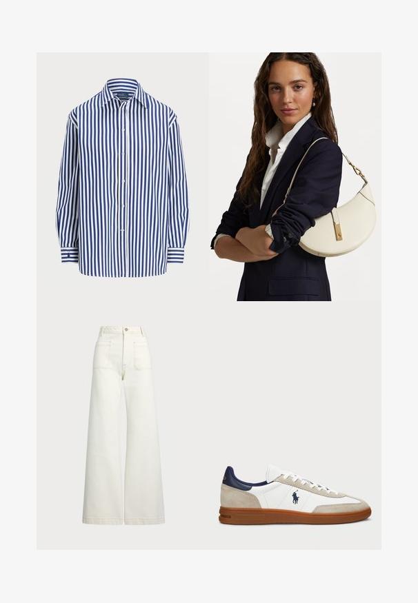 Črtasta srajca z navpičnimi mornarsko modrimi in belimi črtami, spredaj na gumb, s klasičnim ovratnikom. Dolgi rokavi z gumbnimi manšetami.; Široke jeans hlače v off-white denim tkanini. Visok pas z gumbnim zapiranjem, dvema sprednjima žepoma in detajli kontrastnega šivanja.; Beli in bež športni copati s zgornjim delom iz usnja in semiša, mornarsko modri akcenti in rjavi gumijasti podplat. Imajo znak na strani in vezalni dizajn.; Bela usnjena torbica s ukrivljeno obliko, z zlatimi dodatki in teksturirano površino, nošena čez temen blazer in belo srajco.