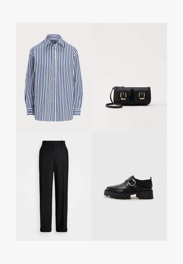 Striped shirt featuring vertical navy and white lines, a button-up front, and a classic collar. Long sleeves with button cuffs.; Polo Ralph Lauren HIGH RISE RELAXED STRAIGHT TROUSER - Trousers - black; Black leather shoes with a chunky, ribbed sole, featuring a circular silver hardware accent and minimal stitching detail.; Black leather crossbody bag with two front pockets, gold buckles, zipper closure, and a slim strap. Textured surface and compact rectangular shape.