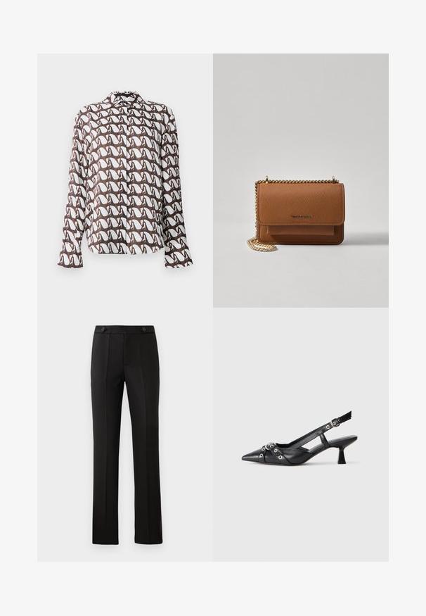 Wit blouse met lange mouwen en een bruine abstracte print. Voorzien van een kraag en knoopsluiting. Glad materiaal met een ontspannen pasvorm.; Zwarte op maat gemaakte broek met een rechte pijp, twee voorzakken, een knoopsluiting en plooien aan de voorkant. Glad textuur van de stof.; Zwarte leren slingback schoen met een puntige neus, decoratieve banden met metalen oogjes en een lage blokhak. Textuur oppervlak.; Bruine lederen schoudertas met textuur, voorzien van een gouden kettingstrap en klepsluiting. De voorkant heeft een logo-detail en een zak onder de klep.