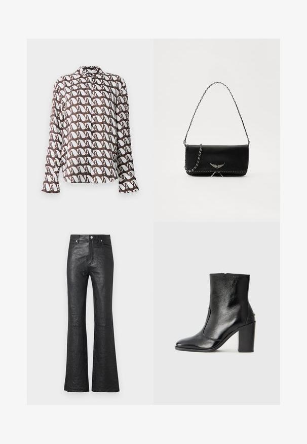 Ilga rankovė marškiniai balti su rudais abstrakčiais raštais. Yra apykaklė ir mygtukų uždarymas. Minkšta medžiaga su laisvu siluetu.; Juodos odinės platėjančios kelnės su subraižyta tekstūra, aukšta juosmens linija, priekinių kišenių ir klasikine mygtukų uždarymo sistema su užtrauktuku.; Juodas odinis kulkšninis batas su lygiu paviršiumi, smailiu pirštu ir masyviu aukštu kulnu. Savybė - šoninis atidarymas ir minimalistiškas dizainas.; Juodas odinis delninukas su sidabro spalvos grandinele, papuoštas dekoratyviniais sparnų akcentais ir balta siūle apačioje.