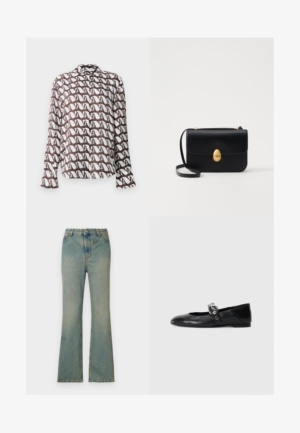 Hosszú ujjú, fehér ing barna absztrakt mintával. Kerek nyakkivágással és gombos záródással rendelkezik. Simább anyagból készült, kényelmes szabású.; Világoskék farmer széles szárú nadrág magas derékkal, öt zsebbel és cipzáras záródással. Tiszta, fakó megjelenés, finom varrási részletekkel.; Fekete bőr balettcipők, hegyes orral, kör alakú fémbújtatóval ellátott pánttal és lapos talppal.; Fekete bőr kézitáska, struktúrált, téglalap alakú formával. Arany ovális kapoccsal és vékony vállpánttal rendelkezik. Sima textúrájú.