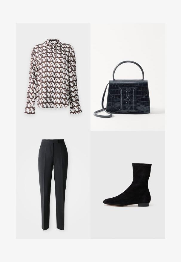 Biała koszula z długim rękawem w brązowy abstrakcyjny wzór. Posiada kołnierzyk i zapięcie na guziki. Gładki materiał z luźnym krojem.; Czarne, dopasowane spodnie o prostym kroju z wysokim stanem i plisami z przodu, wyeksponowane na jasnym, jednolitym tle.; Czarne zamszowe botki za kostkę z dopasowaną cholewką, spiczastym noskiem i niskim blokowym obcasem. Gładka faktura i minimalistyczny design, odpowiednie do wszechstronnych stylizacji.; Czarna torebka z tłoczonej skóry krokodyla o zorganizowanej konstrukcji, z górnym uchwytem, regulowanym paskiem i wyraźnym detalem z logo z przodu.; Złota naszyjnik w łańcuszku z centralnym wisiorkiem o kształcie kopuły, akcentem w kształcie krzyża oraz przezroczystymi cyrkoniami w całej konstrukcji.