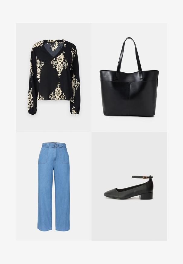 Črna bluzica z dolgimi rokavi in V-izrezom, ki ima smetanasto barvo paisley vzorec ter elastične manšete. Mehka tkanina z ohlapnim krojem.; Svijetloplave traper široke hlače s pojasom, dva prednja džepa i jednostavnom teksturom. Ima minimalistički dizajn i čiste linije.; Črne usnjene pumpice z nazobčanimi prsti in nizko blokasto peto. Imajo trak okoli gležnja z zaponko v zlatem tonu. Gladka tekstura.; Črna usnjena torba z dvema dolgima ročajema, gladko teksturo in strukturirano obliko. Ima sprednji žep za dodatno shranjevanje.