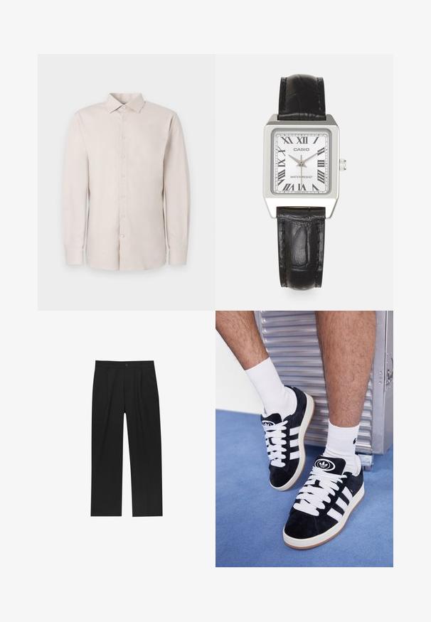Lichtbeige langemouwen shirt met een knoopsluiting aan de voorkant, een klassieke kraag en subtiele textuur. Voorzien van standaard manchetten en zes knopen.; Zwarte broeken met een recht model, gemaakt van een gladde stof. Voorzien van een voorplooien en een enkele knoopsluiting bij de taille.; Zwarte suède sneakers met witte veters en drie witte strepen. Heeft een cirkelvormig zwart logo op de tong en een gumrubberen zool.; Zilveren vierkante horloge met een witte wijzerplaat, zwarte Romeinse cijfers en de tekst "WATER RESIST". Zwarte leren band met een gestructureerde afwerking.