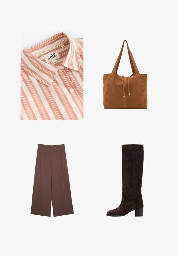Self. Button-down blouse - rust brown stripe; Brown wide-leg trousers with a smooth texture, featuring a high waist and front pleats. The fabric is lightweight and flows loosely.; Brown suede knee-high boot with a square toe and block heel. Smooth texture and minimal stitching detail on the outer side.; Brown suede tote bag with two long straps, drawstring closure, and minimalistic design. Smooth texture and no visible hardware accents.