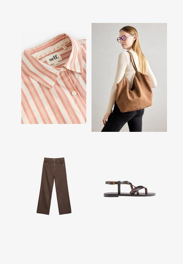Self. - Bluzka; Szerokie brązowe dżinsy wykonane z denimu, z wysokim stanem, przednimi kieszeniami i klasycznym zapięciem na guzik. Gładka faktura z subtelnym przeszyciem.; Brązowe skórzane sandały z krzyżującymi się paskami, zapięciem na klamrę przy kostce oraz płaską podeszwą z minimalnymi detalami szycia.; Brązowa torebka typu tote wykonana z zamszu o miękkiej teksturze, z dużym otwarciem i długimi paskami. Charakteryzuje się prostym designem z widocznymi szwami i bez elementów metalowych.