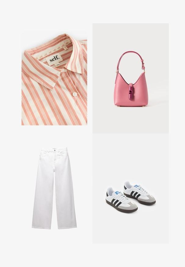 Self. Overhemdblouse - rust brown stripe; Witte wijde denim jeans. Voorzien van een knoopsluiting, voor- en achterzakken, en gestikte naden. Soepele textuur met minimale details.; Sportschoenen met een witte leren bovenkant, grijze suède neus en drie zwarte strepen. Bevat een blauw logo op de tong en een gestructureerde rubberen zool.; Roze leren handtas met een gestructureerde vorm, voorzien van een glanzende sluiting en een enkele verstelbare schouderband. Getextureerde afwerking met gouden hardware.