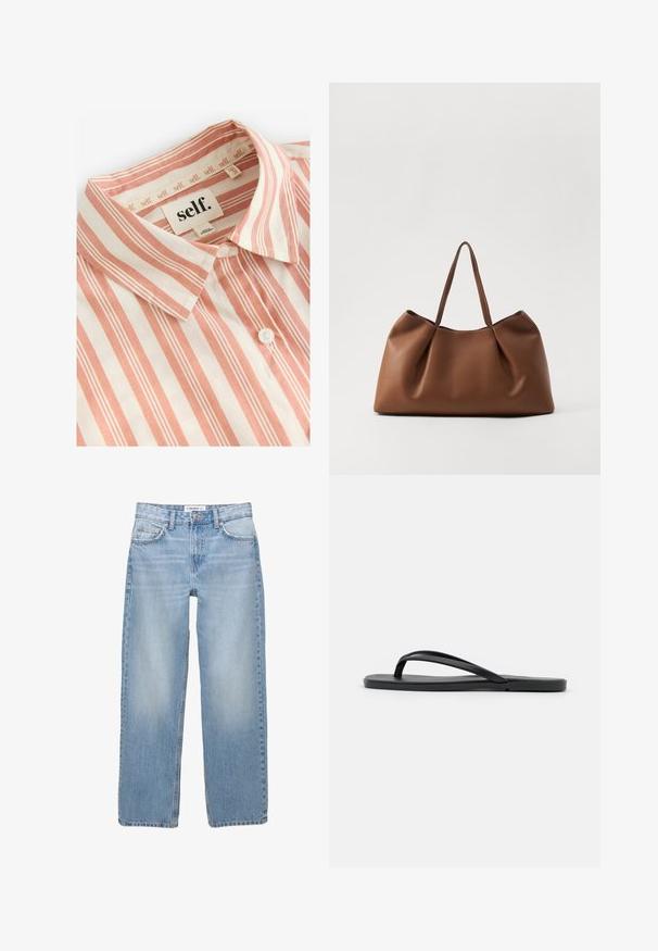 Self. Skjortebluser - rust brown stripe; Lyseblå denimbukser med lige ben, fem-pockets stil og synlige syninger. Stofmaterialet har en blød, let falmet tekstur.; Sorte flip-flop med et minimalistisk design, flad sål, smalle stropper og en glat tekstur. Ingen yderligere mønstre eller accenter.; Brun læder tote bag med et blødt, buet design, der har en plisseret tekstur og to robuste håndtag. Minimalistisk syningsdetaljer.