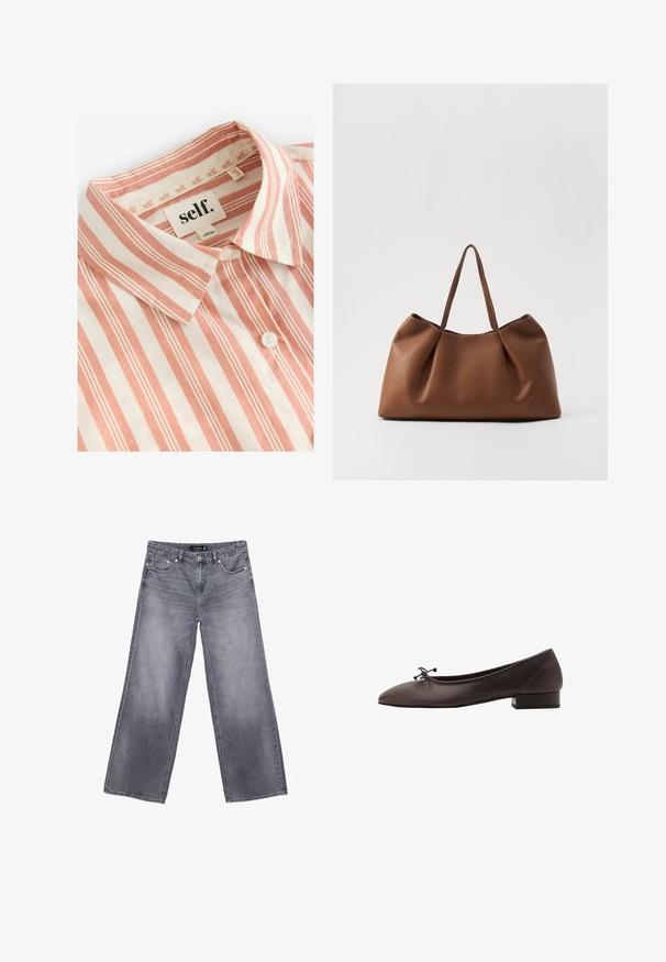 Self. Košilová halenka - rust brown stripe; Široké šedé džíny z denimu s bledým povrchem, zapínání na knoflík a pět kapes. Obsahují dvojitě šité švy a hardware v stříbrné barvě.; Hnědé kožené baletky s kulatou špičkou a malým blokovým podpatkem. Mají tenkou mašličku vpředu a decentní švy.; Hnědá kožená taška přes rameno s měkkým, zakřiveným tvarem, vyznačující se plisovanou texturou a dvěma pevnými uchy. Minimalistické švy jako akcenty.