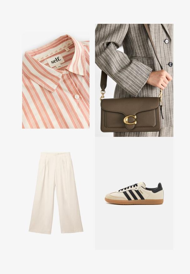 Self. - Bluzka; Spodnie o szerokich nogawkach w jasnym beżowym kolorze z miękkiej, teksturowanej tkaniny. Posiadają plisowane przody oraz elastyczny pas dla luźnego kroju.; Beżowe buty sportowe z czarnymi paskami, gumową podeszwą i czarnymi akcentami. Posiadają górną część z gładkiej skóry oraz okrągły kształt noska.; COACH - Torebka; Złoty naszyjnik z łańcuszka z wydłużonymi, prostokątnymi ogniwami. Noszony na czarnej koszuli z koronkowym kołnierzykiem, prezentujący gładkie, wypolerowane wykończenie.