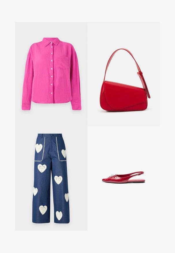 Pink, textured shirt with a button-down front, collar, and a single chest pocket. Long sleeves with button cuffs, casual fit.; Sister Jane HEART TO HEART - Straight leg jeans - blue denim; Red leather slingback flat shoe with a pointed toe and a decorative lace-up detail on the front, featuring a slim ankle strap and flat sole.; Red leather handbag with an angular, geometric design. Features a single adjustable strap and a flap closure with stitched detailing.