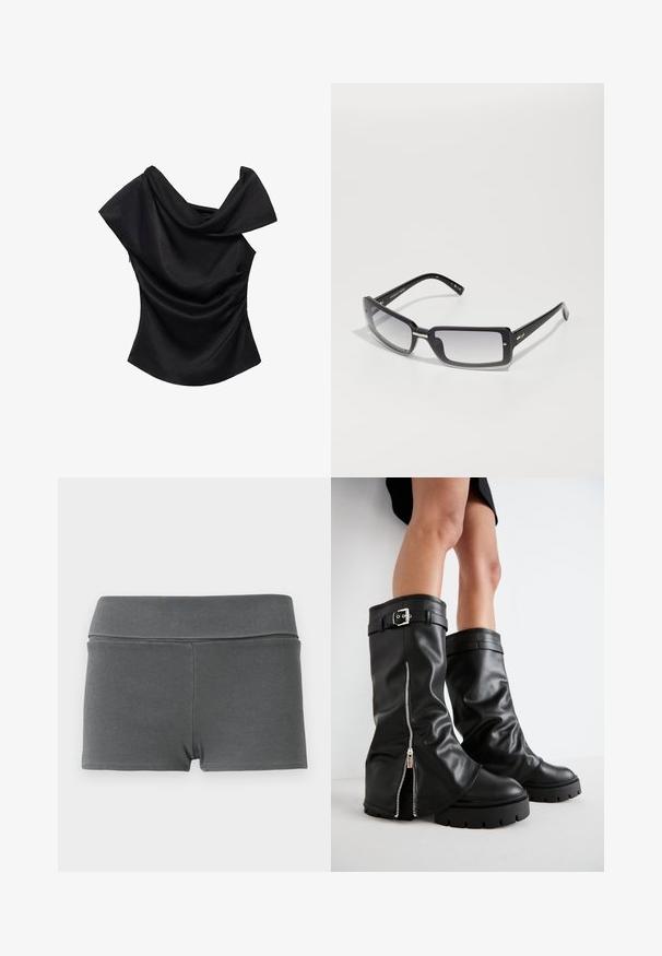 Črn off-shoulder top z draperijskim okvirom, prilegajoče oblike in gladko teksturo. Ima nabran detajl na stranski šiv.; Hlače iz rebrastega blaga v temno sivi barvi s širokim pasom. Imajo oprijet kroj, gladko teksturo in brez vidnih dodatkov ali okraskov.; Črne usnjene škornje do kolen s širokim zgornjim delom, ki imajo stransko zadrgo in dekorativno sponko, teksturirano površino ter masiven gumijast podplat.; Črne pravokotne sončna očala z gradientnimi lečami, ki imajo debele okvirje in kovinske detajle na rokah. Gladka tekstura po celotni površini.; Prozoren plastični toprak z dvema prozornima ročajema, ki ima na sprednji strani devet okroglih kovinskih akcentov razporejenih v vzorcu mreže.