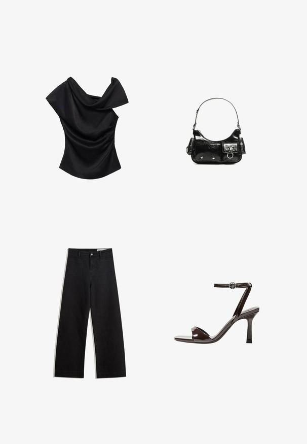 Černý top bez ramínek s drapovaným výstřihem, облегающим střihem a hladkým povrchem. Obsahuje nařasený detail na bočním švu.; Černé denimové kalhoty s volným střihem a vysokým pasem, vybavené předními a zadními kapsami, prošívanými švy a knoflíkovým zapínáním. Hladká textura.; Hnědé lakované kožené sandály na vysokém podpatku s páskem kolem kotníku, otevřenou špičkou a elegantním, minimalistickým designem. Obsahují čtvercový podpatek.; Černá lakovaná kožená kabelka s křivkovým tvarem, jedním ramenním popruhem, předními kapsami a stříbrnými kovovými detaily.