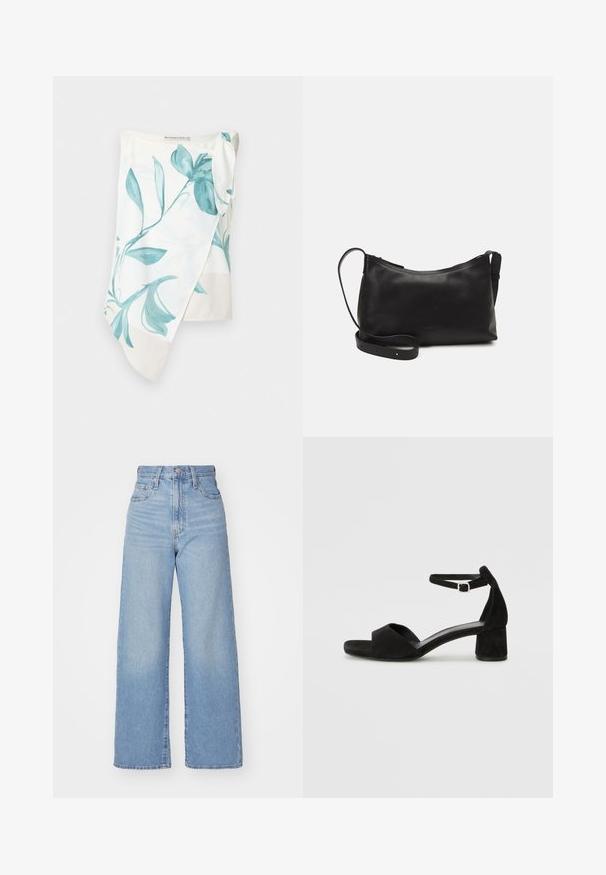 Panno leggero con un motivo floreale teal su uno sfondo bianco. Presenta un dettaglio annodato su una spalla e una texture liscia.; Jeans a vita alta blu chiaro con gamba larga, chiusura frontale con bottone e zip, tasche anteriori e posteriori, su uno sfondo bianco.; Sandali con tacco in suede nero, con una sottile fascia alla caviglia, design open toe e un discreto tacco a blocco. Texture liscia e decorazioni minime.; Borsa a spalla in pelle nera con una texture liscia, forma curva, tracolla regolabile e chiusura con zip. Design minimalista senza ornamenti.