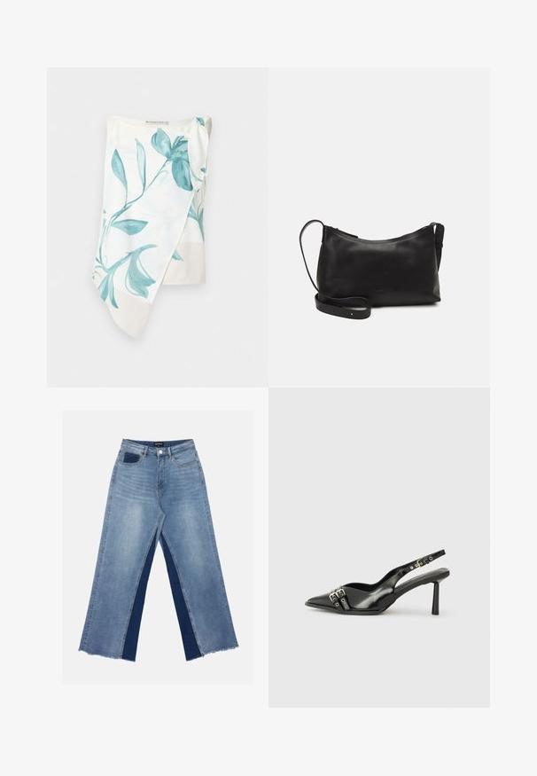 Lichtgewicht stofomslag met een teal bloemenpatroon op een witte achtergrond. Het heeft een knoopdetail op één schouder en een zijdezachte textuur.; Lichtblauwe wijde jeans met contrasterende donkerblauwe panelen, rafelige zomen en een standaard taille met een metalen knoopsluiting.; Zwarte gepolijste leren slingback schoenen met een puntige neus, enkelbandjes met zilveren gespen en hardware, en een slanke hak.; Zwarte leren schoudertas met een gladde textuur, gebogen vorm, verstelbare schouderband en een ritsafsluiting. Minimalistisch ontwerp zonder versieringen.