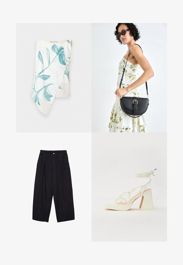 Lahki tkaninski ovoj s teal cvetnim vzorcem na beli podlagi. Ima detalj vozla na enem ramenu in gladko teksturo.; Črne poliesterske culotte hlače z elastičnim pasom, dvema sprednjima nabiranjema in ohlapnim krojem. Brez vidnih vzorcev ali kovinskih detajlov.; Bela sandala na visokih petah s debelim petam, ki ima obliko trakcev in vezanje okoli gležnja. Gladka tekstura z platformo spredaj za dodatno višino.; Črna usnjena torbica s ukrivljeno obliko, z odstranljivo naramnico in zlatimi dodatki. Torbica ima pokrov s podrobnostmi v obliki zaponke.