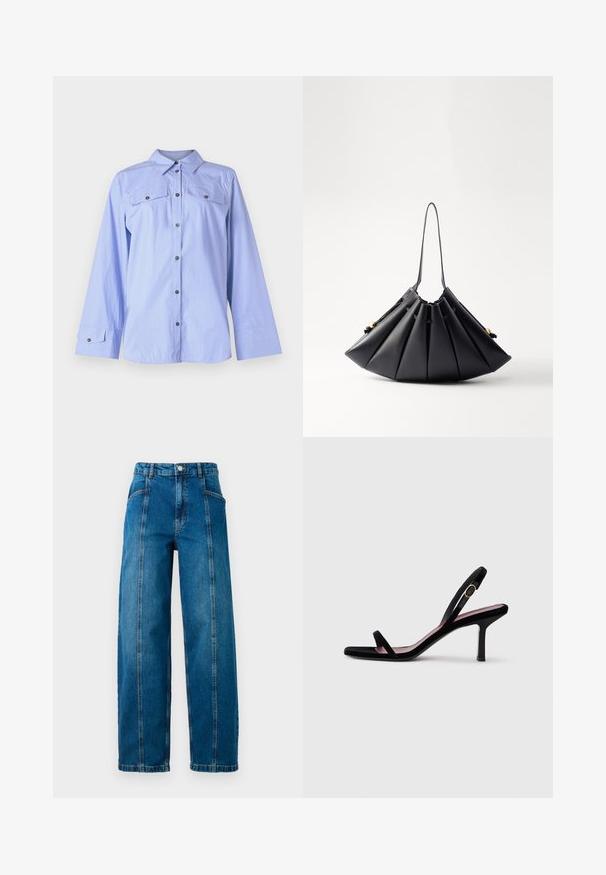 Camicia azzurro chiaro a maniche lunghe con colletto, due tasche sul petto con bottone, chiusura frontale con bottoni e texture a righe.; Jeans in denim blu a vita alta con gambe larghe, cuciture verticali frontali, tasche laterali, passanti per cintura e chiusura con bottone.; Sandalete da donna nera in suede con tacco alto, dotata di cinghie sottili e una fibbia dorata su uno sfondo bianco, vista laterale.; Borsa a pleats nera in pelle liscia, con una maniglia singola, dettagli dorati e una forma geometricamente strutturata.