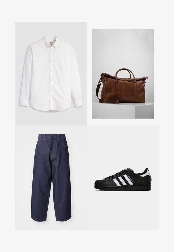 Camicia bianca a bottoni in cotone con maniche lunghe, collo con risvolto e orlo curvo. Presenta bottoni gialli e un marchio discreto.; Jeans in denim blu scuro con un design ampio e svasato. Le caratteristiche includono una chiusura con bottone, tasche frontali e dettagli di cucitura visibili.; Sneaker nera Adidas Superstar con strisce bianche, punta a conchiglia e testo "Superstar" su un lato, mostrata in profilo laterale su sfondo bianco.; Borsa da viaggio in pelle marrone con chiusura a zip, doppie maniglie, tracolla regolabile e motivi di texture visibili sulla superficie.