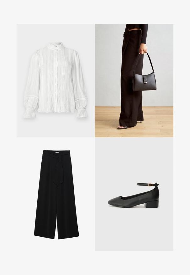 White button-up blouse with ruffled collar, vertical stripes, and textured fabric. Features elasticized puff sleeves with lace trim.; Black wide-leg pants featuring a textured fabric, an elastic waistband, and a detachable sash tie at the waist for adjustable fit.; Black leather pump with a pointed toe and a low block heel. Features an ankle strap with a gold-tone buckle. Smooth texture.; Black handbag with structured shape, smooth texture, and a metallic clasp. Paired with wide black pants and open-toe sandals on wooden floor.