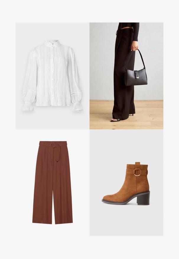 Bluză albă cu guler ondulat, dungi verticale și țesătură texturată. Dispune de mâneci bufante elastice cu dantelă.; Pantaloni evazați din țesătură maro, prevăzuți cu un curea cu cataramă pătrată, design pliat și textură netedă.; Botine din suede maro, cu vârf rotunjit, toc bloc și o curea decorativă cu detaliu în formă de cataramă circulară.; Genți negre cu o formă structurată, textură netedă și un închizător metalic. Asortată cu pantaloni negri largi și sandale cu vârf deschis pe un podea din lemn.