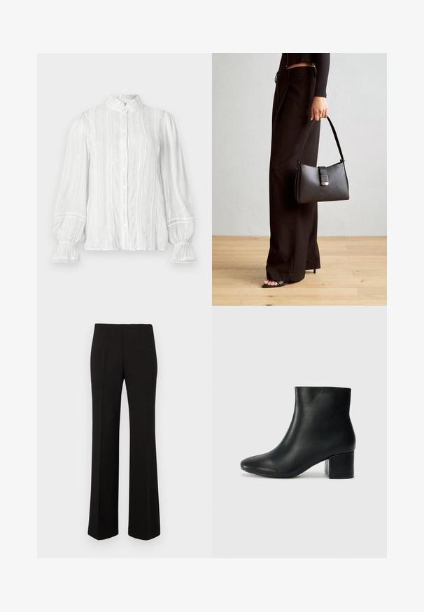White button-up blouse with ruffled collar, vertical stripes, and textured fabric. Features elasticized puff sleeves with lace trim.; Black tailored straight-leg trousers with a high waist and front pleats, displayed against a plain background.; Black leather ankle boots with a pointed toe and a chunky heel. Smooth texture with minimal accents and a sleek, fitted design.; Black handbag with structured shape, smooth texture, and a metallic clasp. Paired with wide black pants and open-toe sandals on wooden floor.