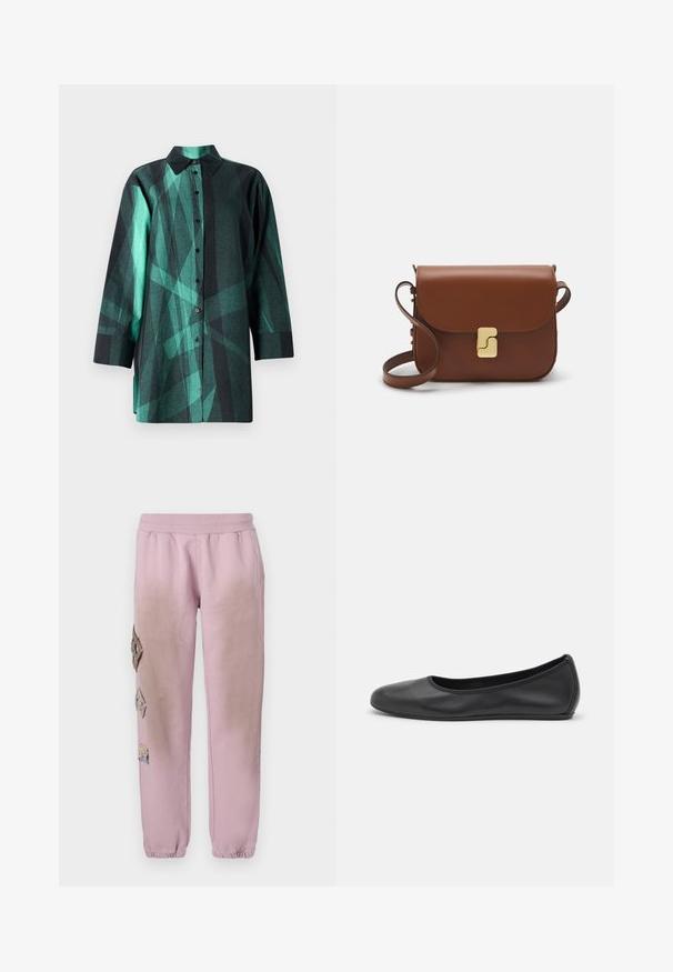 Marimekko HEITTO VIRE - Hemdbluse - black; Weißes kurzärmliges T-Shirt aus geripptem Stoff. Runder Halsausschnitt, normale Passform und dezente Nähte. Keine Muster oder Grafiken.; Rosa Sweatpants mit elastischem Bund, verziert mit dekorativen Patches in Diamantform auf der linken Seite und elastischen Bündchen an den Knöcheln.; Schwarze Leder-Ballettschuhe mit abgerundeter Spitze, glatter Textur, minimalen Nähdetails und einem flexiblen Sohlen-Design.; Braune Ledertasche mit Klappenverschluss, Beschlägen in Goldfarbe, einem Schultergurt und einer glatten Oberfläche. Kompakte rechteckige Form.