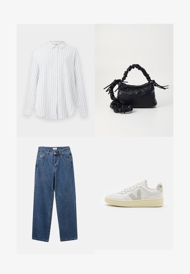 Witte lange mouwen overhemden met zwarte verticale streepjes en een klassieke kraag, weergegeven tegen een effen achtergrond.; Klassieke blauwe denim jeans met een rechte pijp, vijf zakken en een knoopsluiting. Heeft een middelgrote wasbeurt en stevige textuur.; Witte leren sneaker met beige suède accenten, geperforeerde neus, platte veters en een gestructureerde crèmekleurige zool. Heeft subtiele branding op de hak.; Zwarte nepleer handtas met een krokodillenstructuur, opgedroogde bovenkant en een gekreukte hengsel. Het lijkt zacht en compact van ontwerp.