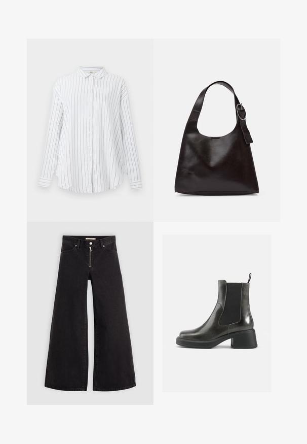 Balta garām piedurknēm pogājama krekla ar melnām vertikālām svītrām un klasisku apkakli attēlojums uz vienkārša fona.; Platas kājas džinsi melnā džinsa audumā ar rāvējslēdzēju priekšā, piecu kabatu dizains un smalkas šuvju detaļas. Gluda tekstūra un ikdienišķs stils.; Melni ādas potītes zābaki ar gludu apdari, elastīgu sānu paneļu un masīvu papēdi. Aprīkoti ar cilpu, kas atvieglo uzvilkšanu.; Brūns ādas plecu soma ar gludu tekstūru, noapaļu formu, platu jostu un apaļu metāla akcentu uz roktura.