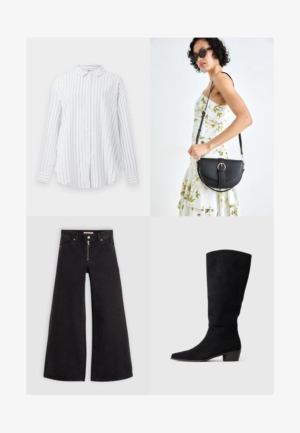 Camicia bianca a maniche lunghe con bottoni, a righe verticali nere e colletto classico, esposta su uno sfondo semplice.; Jeans a gamba larga in denim nero con chiusura a zip, design a cinque tasche e dettagli di cucitura sottili. Texture morbida e stile casual.; Stivale nero in suede alto fino al ginocchio con tacco basso e punta affusolata, presentato in vista laterale su uno sfondo grigio chiaro uniforme.; Borsa a tracolla nera in pelle con una forma curva, manico rimovibile e accessori dorati. La borsa presenta una patta con un dettaglio a fibbia.