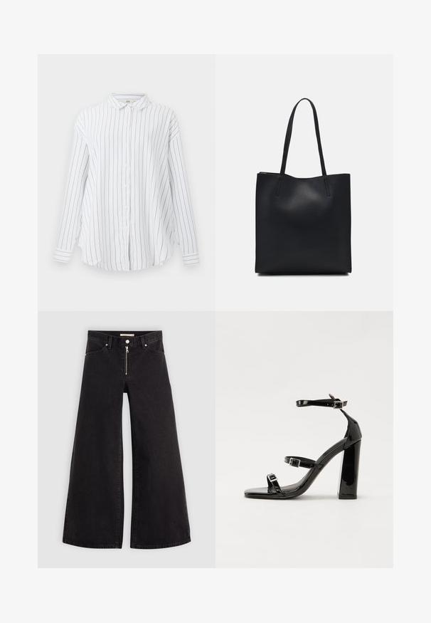 White long-sleeve button-up shirt with black vertical pinstripes and a classic collar, displayed against a plain background.; Wide-leg jeans in black denim with a zippered front, five-pocket design, and subtle stitching details. Smooth texture and casual style.; Black patent heeled sandals with a square toe, ankle straps, and silver buckles. Features a chunky block heel for stability.; Black leather tote bag with smooth texture, rectangular shape, and two long handles. No visible hardware or embellishments.