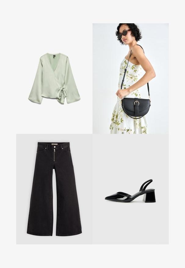 Svetlo zelena bluzica z dolgimi rokavi; ima zavezovanje ob strani in čipkast rob okoli ovratnika. Gladek, mehak tekstil.; Široke traperice iz črnega denima z zadrgo spredaj, petimi žepi in diskretnimi šivi. Gladka tekstura in ležeren slog.; Črne lakirane slingback pete s koničastim nosom in geometrijsko blokasto peto. Imajo eleganten, minimalističen dizajn in gladko teksturo.; Črna usnjena torbica s ukrivljeno obliko, z odstranljivo naramnico in zlatimi dodatki. Torbica ima pokrov s podrobnostmi v obliki zaponke.