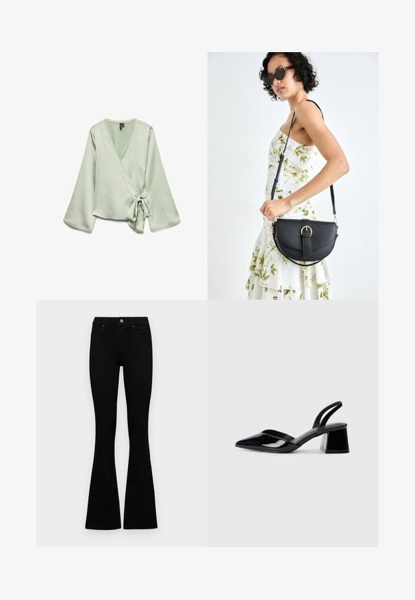 Lys grønn omslagstopp med lange ermer; har en knytelukking på siden og blonderdetaljer langs halslinjen. Glatt, myk stoftekvalitet.; Sorte høytlivsjeans med knapp og glidelås, frontlommer og utsvingte bein liggende flatt på en hvit bakgrunn.; Svarte patentlær slingback hæler med spiss tå og geometrisk blokk hæl. Har et stilrent, minimalistisk design og jevn tekstur.; Svart lærveske med en buet form, avtagbar stropp og gullbeslag. Vesken har et klaff med spenne-detall.