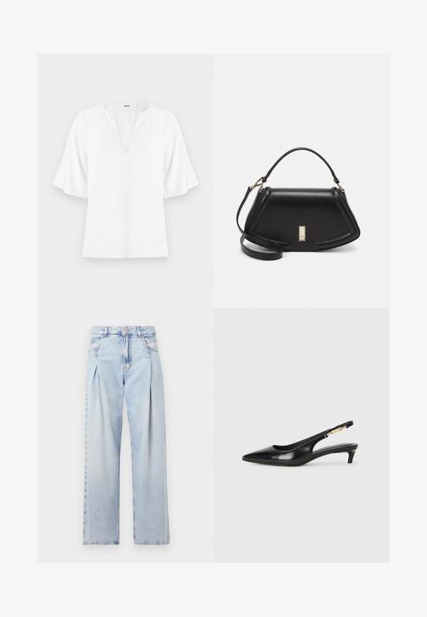 Blouse blanche avec un décolleté en V et des manches courtes larges. Fabriquée en tissu léger, elle présente une texture simple et lisse sans motifs visibles.; Jeans en denim bleu clair avec taille haute, coupe large, deux poches latérales et design plissé. Texture douce avec une finition décolorée.; Talons hauts en cuir noir avec un bout pointu, dotés d'un talon fin et d'un accent en ton or sur la lanière réglable. Texture lisse.; Sac à main en cuir noir avec un design structuré, featuring une forme cropped, une poignée supérieure et des accents en matériel doré. Bandoulière réglable incluse.