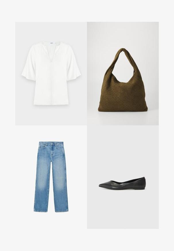 Bluză albă cu decolteu în V și mâneci scurte largi. Confecționată dintr-un material ușor, are o textură simplă, netedă, fără modele vizibile.; Jeans din denim de un albastru deschis, cu croi drept, design cu cinci buzunare și estompare subtilă. Prezintă un sistem de închidere cu buton și fermoar la talie.; Balerini din piele neagră, cu vârf ascuțit, toc mic și textură netedă. Design minim cu un accent subtil pe lateral.; Geantă din țesătură împletită, de culoare verde măslin, cu o formă spațioasă și rotundă, având o mânere lung și unic pentru purtare. Suprafață texturată.