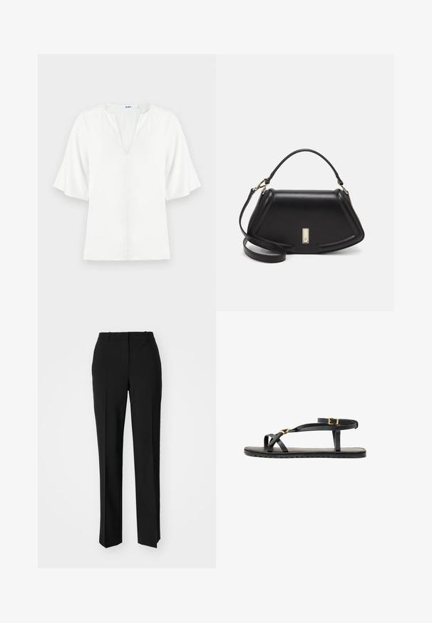 Witte blouse met een V-hals en brede korte mouwen. Gemaakt van lichte stof, met een eenvoudige, gladde textuur zonder zichtbare patronen.; Zwarte op maat gemaakte broek met een recht model, voorzien van een soepele textuur en scherpe plooien aan de voorkant. Geen zichtbare hardware.; Zwarte leren sandalen met dunne banden en een gespsluiting rond de enkel. Platte zool met een gestructureerde afwerking en een zigzagrand. Minimalistisch design.; Zwarte leren handtas met een gestructureerd ontwerp, featuring een verkorte vorm, bovenhandvat en gouden hardwareaccent. Inclusief verstelbare schouderband.