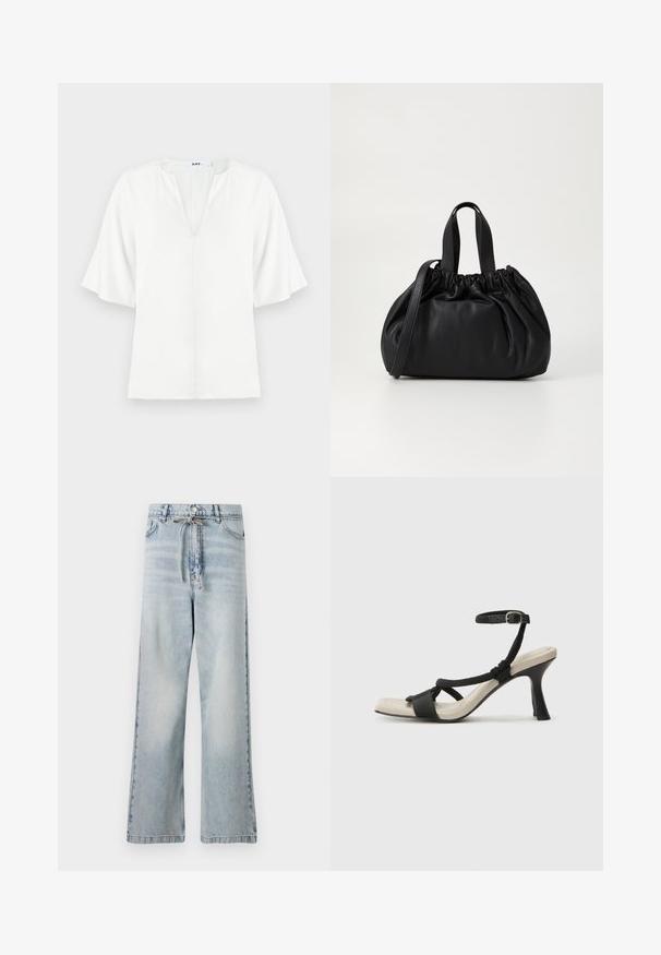 Snežna bluzica z V-izrezom in širokimi kratkimi rokavi. Narejena iz lahkotnega materiala, ima preprost, gladek teksturo brez vidnih vzorcev.; Svetlo modre široke kavbojke iz denima, ki imajo visok pas, sprednje žepe in detajl z vrvico pri pasu. Imajo obrabljen videz.; Črne sandale na visoki peti z prepletenim trakom, kvadratnim nosom in nastavljivim gležnjenjem. Svetlo bež podplat z sijajno črno peto.; Črna usnjena torbica z zloženim zgornjim dizajnom, opremljena z dvema kratkima ročkama in dolgo nastavljivo naramnico. Gladka tekstura, okrogla oblika.