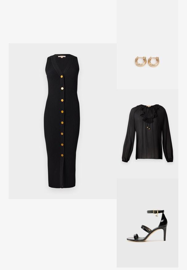 Svart blus i lätt material, med en volangkrage, långa ärmar med elastiska manchetter och gulddetaljer på dragsnoddarna.; Svart ribbstickad klänning med V-ringning, ärmlös design och detaljer i guldton nedtill, med en figurnära silhuett.; Svart lackskinnsandaler med tre remmar, ankelspänne och 10 cm stilettklack. Har detaljer i guldmetall och logokaraktär.; Svart läderhandväska med rundad form, bred axelrem och texturerad yta. Har en diskret sömdetalj och accenter i guldton.; Guldörhängen med en polerad yta, med en tjock, cirkulär design och en säker stängningsmekanism. Slät textur och glansigt utseende.