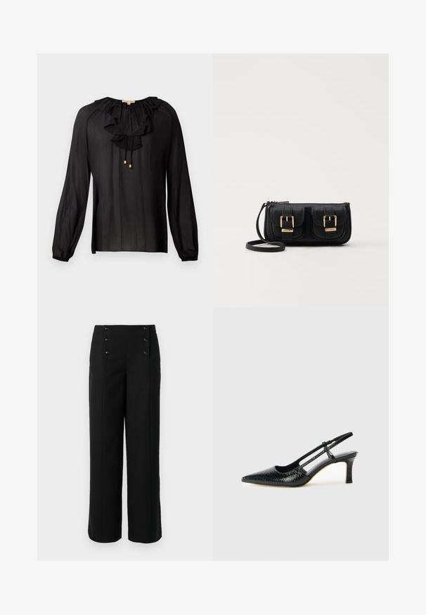 Zwarte blouse van lichtgewicht stof, met een ruffled halslijn, lange mouwen met elastische manchetten en gouden accenten op de trekkoorden.; Zwarte wijde broek van gladde stof, met een hoge taille en vijf knopen aan de voorkant voor sluiting. Elegant, op maat gemaakt ontwerp.; Zwart patent slingback hak met een spitse neus, voorzien van een gestructureerde slangenprint, verstelbare band en een korte, gestructureerde blokhak.; Zwarte leren schoudertas met twee vo pockets, gouden gespen, ritsluiting en een smalle band. Tekstuur oppervlak en compacte rechthoekige vorm.