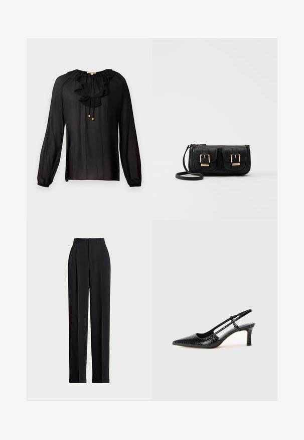 Fekete blúz könnyű anyagból, fodros nyakkivágással, hosszú ujjakkal, elasztikus mandzsettákkal és arany részletekkel a húzózsinórokon.; Fekete, testre szabott nadrág magas derékkal, elöl redőkkel, egyenes láblineáris kialakítással és halkézével. Sima anyagból készült.; Fekete lakk slingback sarok, hegyes orral, texturált kígyómintával, állítható pánttal és rövid, texturált tömbsarkal.; Fekete bőr keresztbody táska két elülső zsebbel, arany csattokkal, cipzáras záródással és vékony pánttal. Textúrált felület és kompakt téglalap alak.