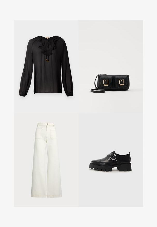 Črna bluzica iz lahkega blaga, z nabranim ovratnikom, dolgimi rokavi z elastiko ter z zlatimi detajli na vrvicah.; Široke jeans hlače v off-white denim tkanini. Visok pas z gumbnim zapiranjem, dvema sprednjima žepoma in detajli kontrastnega šivanja.; Črne usnjene čevlje z debelim, rebrastim podplatom, ki imajo okroglo srebrno kovinsko dodatno opremo in minimalne šive.; Črna usnjena torbica čez ramo z dvema sprednjima žepoma, zlatimi zaponkami, zadrgo in ozkim pasom. Tekstura površine je strukturirana, obliko pa ima kompaktno pravokotno.