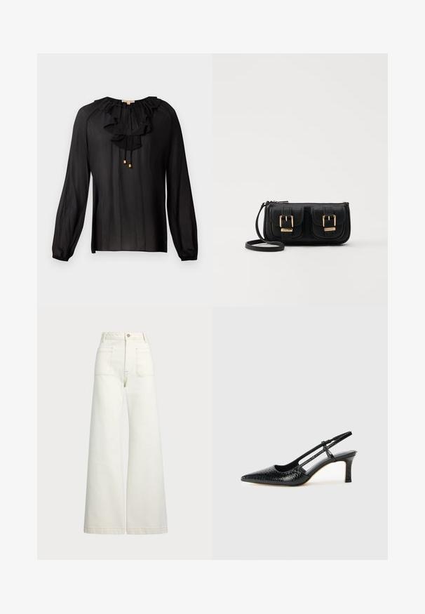 Black blouse made of lightweight fabric, featuring a ruffled neckline, long sleeves with elastic cuffs, and gold accents on drawstrings.; Wide-leg jeans in off-white denim. High-waisted design with a button closure, two front pockets, and contrast stitching details.; Black patent slingback heel with a pointed toe, featuring textured snake print, adjustable strap, and a short, textured block heel.; Black leather crossbody bag with two front pockets, gold buckles, zipper closure, and a slim strap. Textured surface and compact rectangular shape.