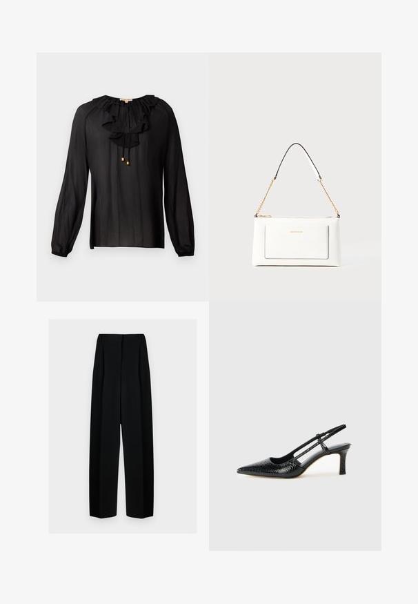 Black blouse made of lightweight fabric, featuring a ruffled neckline, long sleeves with elastic cuffs, and gold accents on drawstrings.; Black wide-leg trousers with a high waist, featuring pleats and a smooth texture. The fabric appears lightweight and drapes elegantly.; Black patent slingback heel with a pointed toe, featuring textured snake print, adjustable strap, and a short, textured block heel.; White leather handbag with a textured finish, featuring a gold chain strap and black accents. Includes a front pocket and zipper closure.